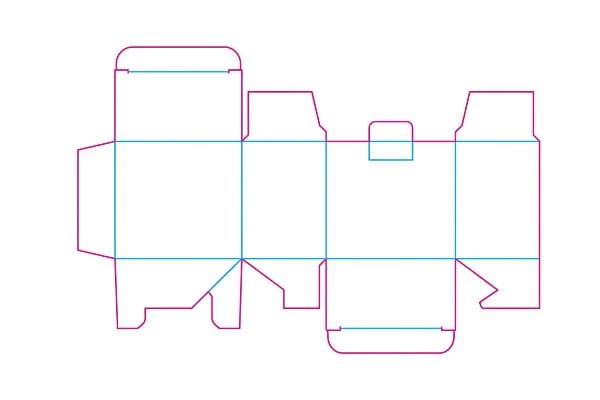 مخطط تصميم التغليف قالب تغليف دقيق يوضح خطوط القطع باللون الأرجواني وخطوط الطي باللون السماوي للإنتاج الآلي باستخدام الحاسوب (CNC).