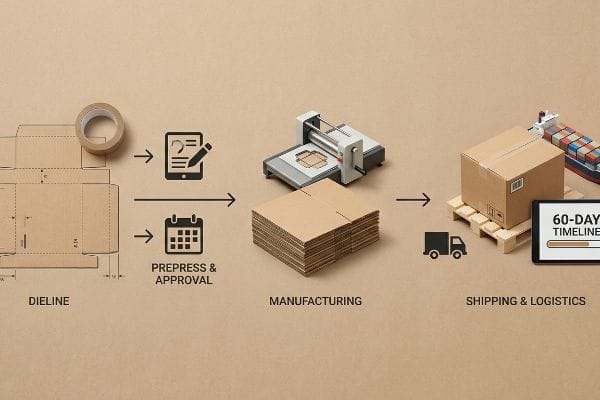 Brown cardboard box manufacturing flowchart: Dieline, Prepress & Approval, Manufacturing, Shipping & Logistics, 60-Day Timeline.