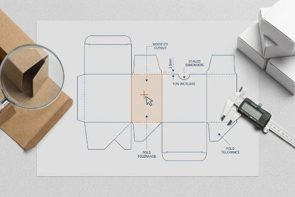 Box Dieline Customization A designer's desk displays a box dieline with Modified Cutout, 2.5mm, Scaled Dimension, 10% Increase, and Fold Tolerance annotations, next to a digital caliper and magnifying glass examining a brown box.