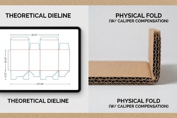 Dieline vs Physical Fold Contrasting a Theoretical Dieline with dimensions on a screen against a Physical Fold of corrugated board, demonstrating Caliper Compensation.