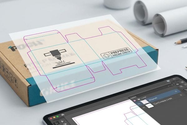 Transparent die-line overlay with magenta cut and cyan crease vector lines on a POCH box, showing Prepress Dieline Check and digital design.