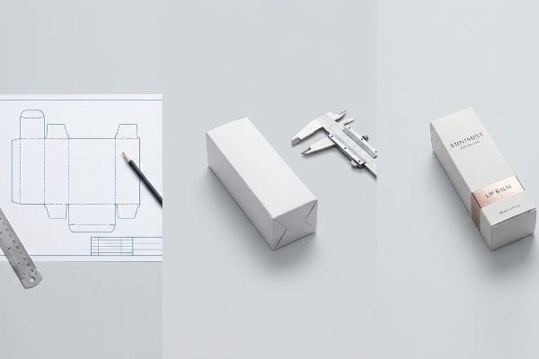 Packaging Design Steps A dieline blueprint, white sample folding carton with a caliper, and finished Minimist Lip Balm box illustrate packaging design steps.