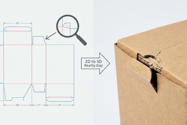 2D to 3D Reality Gap A flat cardboard dieline with dimensions 21", 20", 17" contrasts with a damaged corrugated box, illustrating the 2D to 3D Reality Gap and buckling flutes.
