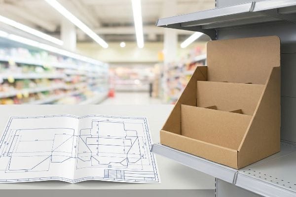 Retail Display Dieline Design Kraft cardboard retail display and a blueprint dieline for structural packaging design on a supermarket shelf.