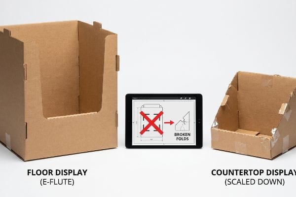 Corrugated E-flute floor display and scaled countertop display, with a tablet showing a dieline warning against broken folds.