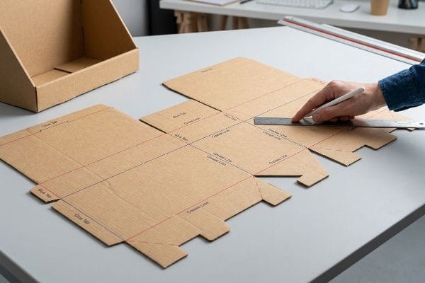 スコアリング用パッケージダイラインテンプレート 人が定規を使って段ボール包装の型紙に正確に印をつけ、箱の組み立てに必要な「接着タブ」と「折り目線」のマークを示している。.