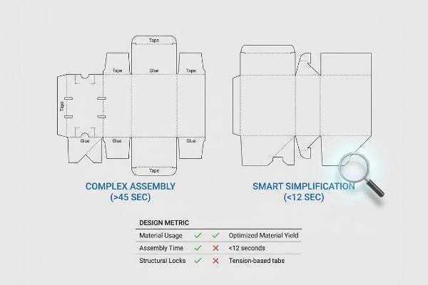 Dieline comparison: Complex Assembly (>45 Sec) vs. Smart Simplification (<12 Sec), showing tape/glue versus tension-based tabs for faster packaging assembly.