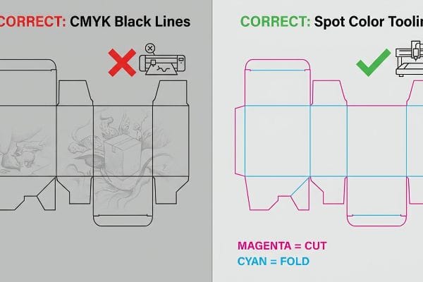 Box dieline comparison, contrasting incorrect Cmyk Black Lines with a red X against correct Spot Color Tooling, where Magenta = Cut and Cyan = Fold.