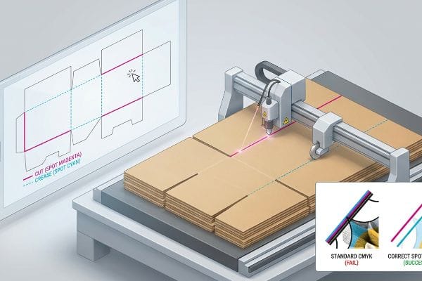 Packaging Dieline Spot Colors Corrugated cardboard laser cutting guided by a digital dieline with 'Cut (Spot Magenta)' and 'Crease (Spot Cyan)' for 'Correct Spot' success.