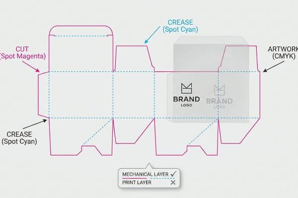 Box dieline with Cut (Spot Magenta) and Crease (Spot Cyan) lines, showing Brand Logo Artwork (CMYK) and distinct mechanical and print layers.