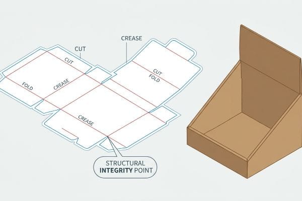Display Box Dieline Template A display box dieline template with Cut, Crease, and Fold lines, highlighting a Structural Integrity Point, alongside its assembled brown cardboard display box.