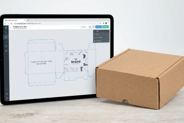 Custom Box Dieline Design Kraft folding carton box beside a tablet showing a custom box dieline with 'Locked Structural Layer Do Not Edit' and a 'brand' logo.