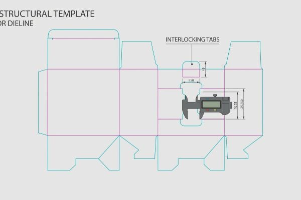 Dieline Tab Measurement A Structural Template Dieline with Interlocking Tabs, precisely measured by a digital caliper for accurate packaging engineering.