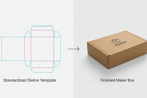 Dieline template with blue cut and magenta fold lines transforms into a finished brown 'Branding Mailer Box'.