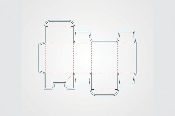 Custom Box Dieline Template A precise flat dieline template for a custom box, featuring blue cut lines and red dashed crease lines, essential for packaging architecture.