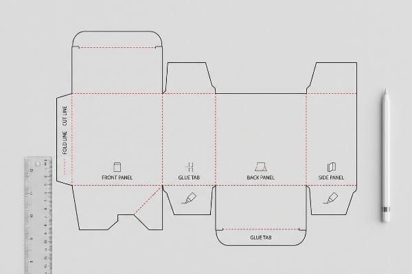 2D packaging dieline template with 'Fold Line', 'Cut Line', 'Front Panel', 'Glue Tab', 'Back Panel', 'Side Panel' labels, ruler, and stylus.