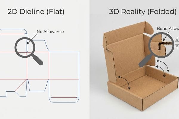 A split image illustrates the difference between a 2D Dieline (Flat) with 'No Allowance' and a 3D Reality (Folded) brown corrugated box demonstrating 'Bend Allowance' for proper structural design.