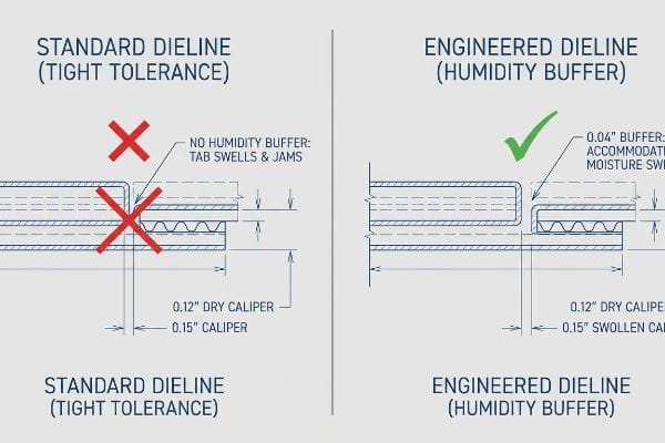 Technical illustration compares a Standard Dieline (Tight Tolerance) failing due to tab swelling from 0.15-inch caliper, with an Engineered Dieline (Humidity Buffer) successfully accommodating moisture swell using a 0.04-inch buffer.