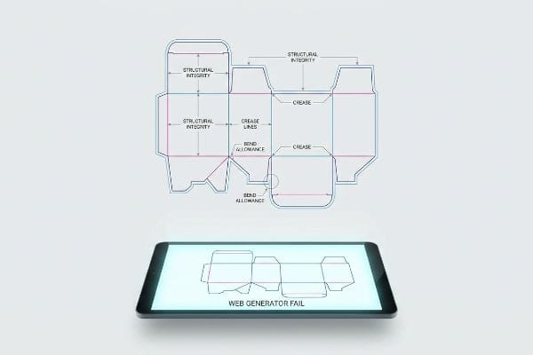 Dieline blueprint showing Structural Integrity, Crease Lines, Bend Allowance, and a tablet with 'Web Generator Fail'.