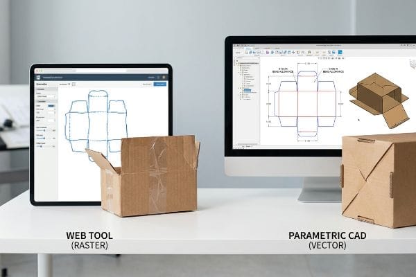 Web Tool (Raster) dieline on tablet with open box, contrasted by Parametric CAD (Vector) dieline on monitor with closed packaging.