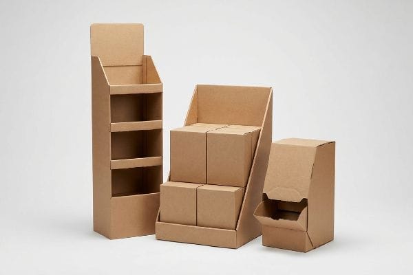 Three corrugated cardboard displays: a tall floor tower, a tiered countertop unit with boxes, and a small gravity-feed dispenser.