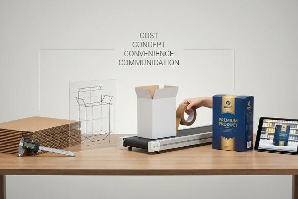 Packaging 4 C's Process Digital caliper on corrugated cardboard, a dieline, and Brand Premium Product boxes, illustrating the 4 C's of packaging.