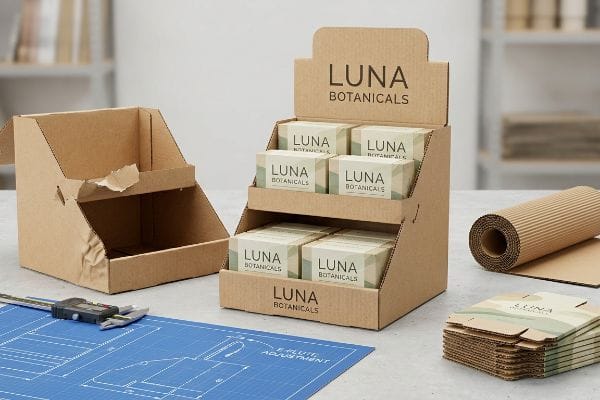 Cardboard Countertop Display Design Corrugated cardboard Luna Botanicals countertop display filled with soap boxes, alongside an empty display and a digital caliper on an E-flute blueprint.