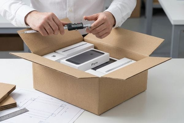 Measuring Product Box Dimensions Hands measure with a digital caliper over an open cardboard box containing iPhone and Apple product boxes, next to a box blueprint.