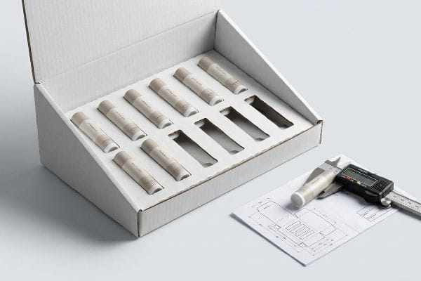 Lip Balm Packaging Engineering White corrugated PDQ display tray with custom die-cut inserts holding lip balm tubes, measured by digital calipers for micro-clearance engineering.