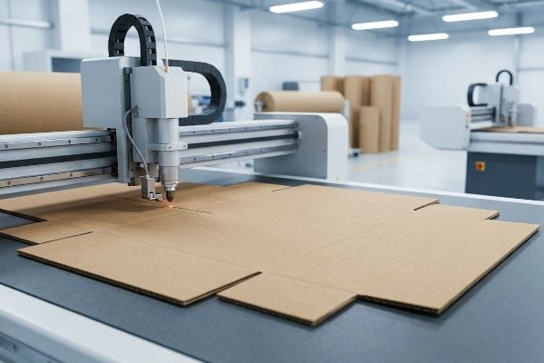 Digital Cardboard Cutting A digital flatbed cutting machine precisely scores and cuts brown corrugated cardboard for custom mailer boxes in a modern factory.