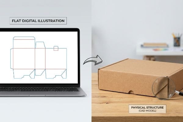 تعرض شاشة الكمبيوتر المحمول رسمًا تخطيطيًا رقميًا مسطحًا، على النقيض من صندوق هيكل مادي مموج بني اللون (نموذج CAD).