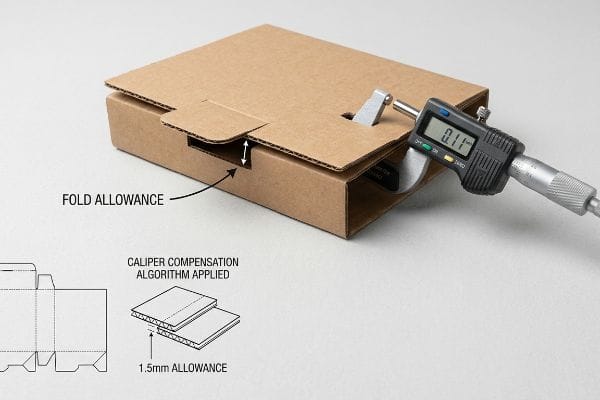 Brown corrugated box with digital micrometer measuring 0.11-inch Fold Allowance, illustrating Caliper Compensation Algorithm Applied.