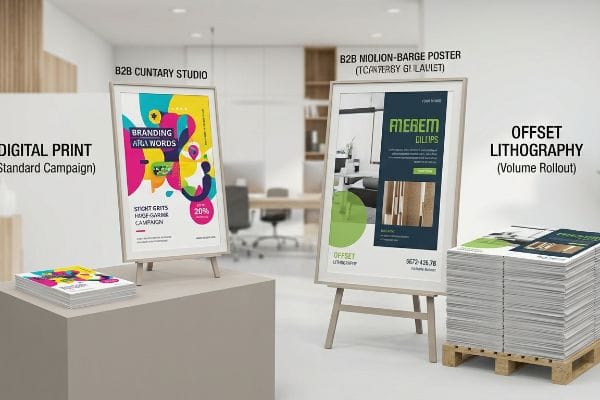 ملصقان مؤطران، أحدهما للطباعة الرقمية (حملة قياسية) من قبل B2B Cuntary Studio، والآخر للطباعة الحجرية الأوفست (إطلاق بكميات كبيرة) من قبل B2B Niolion-Barge Poster.