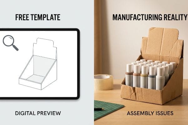 Comparing a Digital Preview of a Free Template display box on a tablet with the Manufacturing Reality of a poorly assembled cardboard display box filled with bottles, illustrating Assembly Issues.