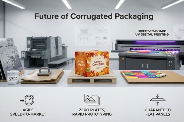 Custom-printed corrugated box, contrasting Wet PVA Adhesive with Direct-To-Board UV Digital Printing, emphasizing Zero Plates, Rapid Prototyping, and Guaranteed Flat Panels.