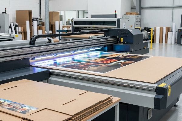 Vibrant graphics are printed on E-flute testliner cardboard by a UV flatbed digital printer, with bright lights instantly curing the ink.