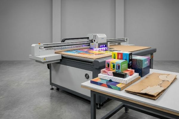 Direct-to-Board Printing Machine Flatbed UV digital printer applies colorful graphics directly onto a board, showcasing direct-to-board packaging for Mers and Coolpix boxes.