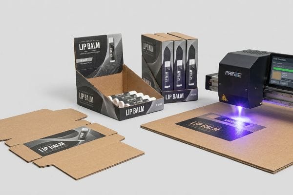 UV Printed Lip Balm Packaging Brown micro-fluted corrugated board lip balm display boxes and flat-packed packaging are digitally UV printed by a Printe flatbed printer.