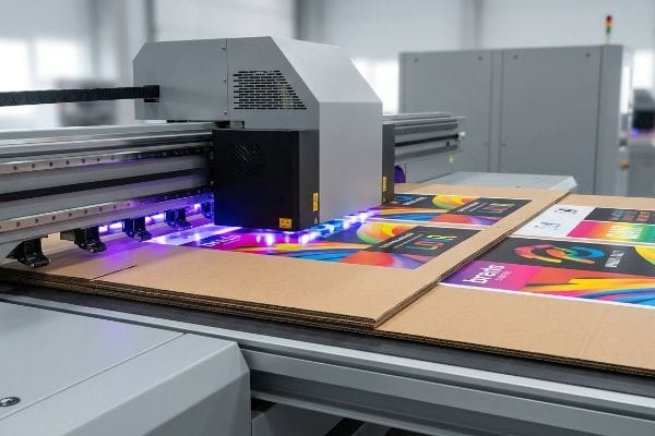 UVデジタル段ボール印刷 段ボールシートはUVデジタルフラットベッドプリンターを通過し、紫色の光で鮮やかなグラフィックを硬化させ、段ボールに直接印刷してパッケージングする。.