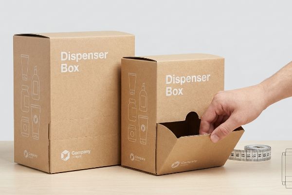 Open Dispenser Box A hand interacts with an open brown cardboard Dispenser Box, printed with 'Dispenser Box' text and product illustrations, beside a closed box and a measuring tape.