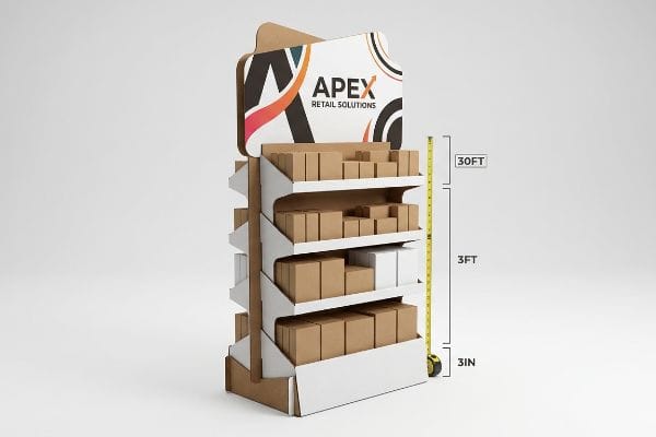POP Display Engagement Zones Corrugated cardboard Apex Retail Solutions POP display, featuring multiple shelves with brown and white boxes, measured with a tape indicating 30ft, 3ft, and 3in engagement zones.