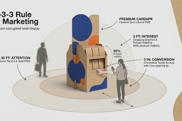 3-3-3 Rule Marketing Corrugated retail display diagramming 3-3-3 Rule Marketing: 30 ft attention, 3 ft interest (85% product visibility), 3 in conversion.