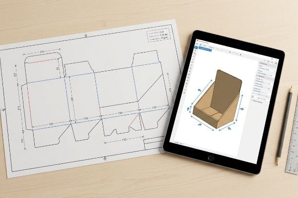 Tablet displays 3D CAD rendering of retail display box next to die-cut template, showing dimensions and Cut, Crease, Height lines.