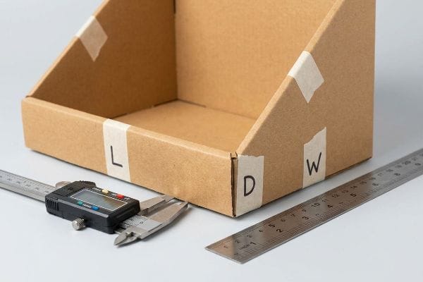 Box Dimensions Measurement Measuring cardboard display box dimensions with a digital caliper and ruler, highlighting Length, Depth, and Width labels.
