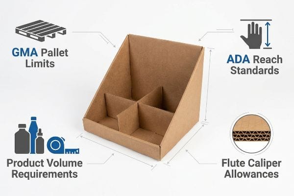 An empty brown corrugated display box illustrates factors like Gma Pallet Limits, Ada Reach Standards, Product Volume Requirements, and Flute Caliper Allowances.
