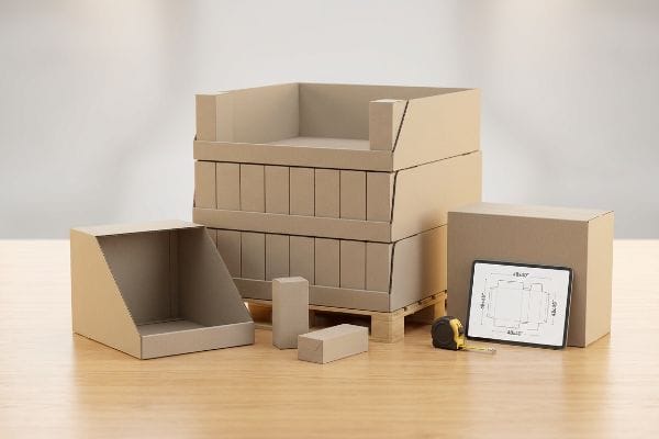 Cardboard display boxes, including stacked half-pallets and a countertop PDQ tray, with a tablet showing 48x40 and 48x20 die-cut dimensions.