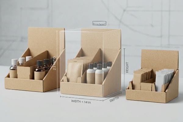 Three cardboard counter display boxes, filled with small bottles and pouches, feature measurement lines indicating Width < 14 In, Depth, Height, and a 2:3 Ratio.