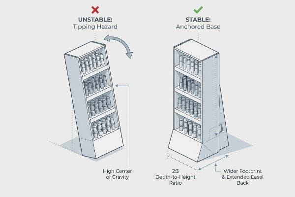 Display Case Stability Comparison An unstable display case with High Center of Gravity is contrasted with a stable display case showing an Anchored Base, Wider Footprint, and Extended Easel Back, highlighting the 2:3 Depth-to-Height Ratio.