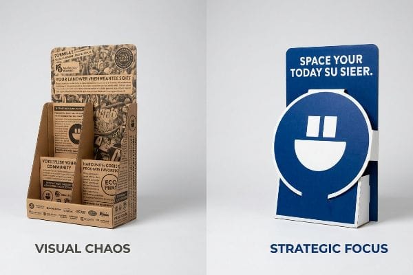 A cluttered brown corrugated display, labeled 'Visual Chaos', contrasts with a minimalist blue display, labeled 'Strategic Focus', featuring a 3D die-cut smiley icon.
