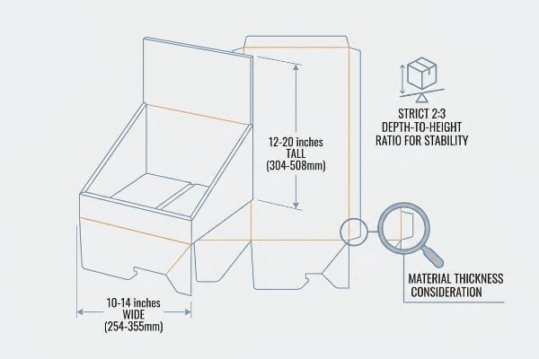Countertop Display Dimensions Countertop display dimensions: 10-14 inches wide, 12-20 inches tall, 2:3 Depth-To-Height Ratio for Stability, and Material Thickness.